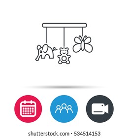 Baby toys icon. Butterfly, elephant and bear sign. Entertainment for newborn symbol. Group of people, video cam and calendar icons. Vector
