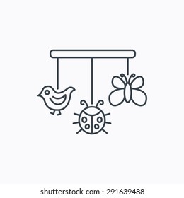 Baby toys icon. Butterfly, ladybug and bird sign. Entertainment for newborn symbol. Linear outline icon on white background. Vector