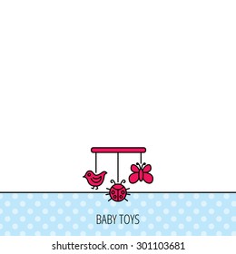 Baby toys icon. Butterfly, ladybug and bird sign. Entertainment for newborn symbol. Circles seamless pattern. Background with red icon. Vector