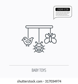 Baby toys icon. Butterfly, ladybug and bird sign. Entertainment for newborn symbol. Linear outline icon. Speech bubble of dotted line. Vector