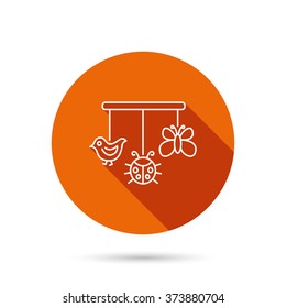 Baby toys icon. Butterfly, ladybug and bird sign. Entertainment for newborn symbol. Round orange web button with shadow.