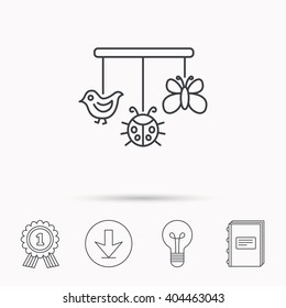 Baby toys icon. Butterfly, ladybug and bird sign. Entertainment for newborn symbol. Download arrow, lamp, learn book and award medal icons.