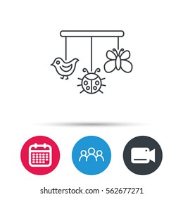 Baby toys icon. Butterfly, ladybug and bird sign. Entertainment for newborn symbol. Group of people, video cam and calendar icons. Vector