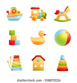 Baby toys icon set isolated. Wooden bright playing items.