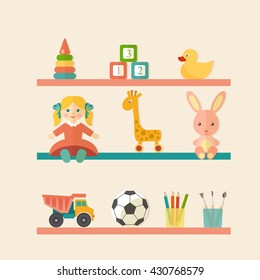 Iconos de juguetes bebé en la estantería. Lugar de creatividad infantil Ilustración vectorial de estilo plano.