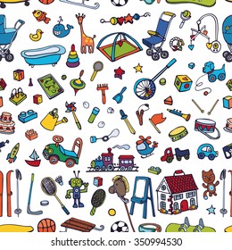Baby Toys icons seamless pattern  on white background,Doodle isolated Vector illustration.Colored background,backdrop,wrapping paper,textile,Wallpaper.