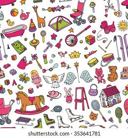 Baby Toys icons  seamless pattern, background,Doodle isolated Vector illustration.Colored set.Girl toys,doll,cute games ,sport collection.Ornament,wallpaper.