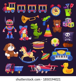 Baby toys. Kid game bear and car, pyramid and train, plane and lorry. Plush, wooden or plastic for boys and girls colorful toy collection kindergarten and home games flat cartoon isolated illustration