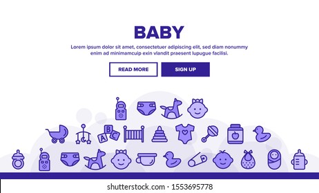 Baby Toys Landing Web Page Header Banner Template Vector. Character Male And Female Baby Infant, Pacifier And Carriage Illustration