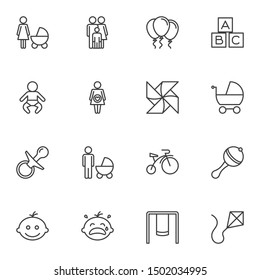 Baby toys line icons set. linear style symbols collection, outline signs pack. vector graphics. Set includes icons as pacifier, rattle, bicycle, swing, kite, air balloon, wood cubes, maternity, pram