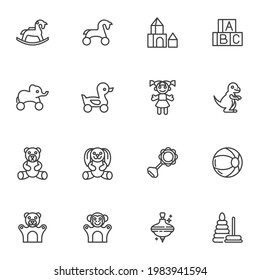 Baby toys line icons set, outline vector symbol collection, linear style pictogram pack. Signs, logo illustration. Set includes icons as rocking horse, wood blocks, doll, ball, pyramid rings, bear