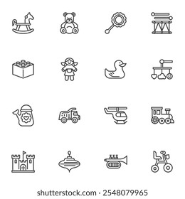 Baby toys line icons set, outline vector symbol collection, linear style pictogram pack. Signs, logo illustration. Set includes icons as soft bear, doll toy, rocking horse, bicycle, rubber duckling