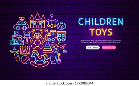 Baby Toys Neon Banner Design. Vector Illustration of Children Promotion.