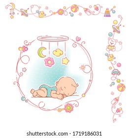 Baby, toys, objects, ornamental border design.  Baby boy of 1-10 months sleeping. Vector borders, round, horizontal, vertical.  Decorative pattern elements. Vector illustration.