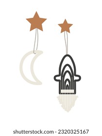 Baby toys on pendant in scandinavian style concept. Moon and rocket on strings. Aesthetics and elegance, decoration for room and crib. Cartoon flat vector illustration isolated on white background