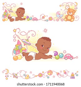 Baby, Spielzeug, Zierrahmen-Design. Das süße Baby von 4 Monaten lag auf dem Magen. Schwarzes Hautkind. Rahmen der Vektorillustration, obere und untere Grenze.  Dekorative Elemente Pazifiker, Kutsche, Bär. Vektorillustration.