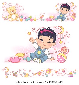 Baby, toys, ornamental border design. Cute asian baby girl sit wave hand. Vector frames, upper and bottom border.  Decorative elements, bottle of milk, pacifier, carriage, bear. Vector illustration.