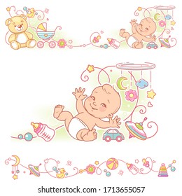 Baby, Spielzeug, Zierrahmen-Design. Das süße Baby von 3 Monaten lag auf dem Rücken wehende Hände, Beine. Rahmen der Vektorillustration, obere und untere Grenze.  Dekorative Elemente, Milchflasche, Pazifischer. Vektorillustration.