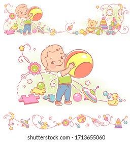 Baby, Toys, Ornamental Border Design. One Year Baby Standing,holding Ball. Cute Toddler Boy Or Girl Play With Ball. LVector Frames, Upper And Bottom Border.  Decorative Elements.  Vector Illustration.