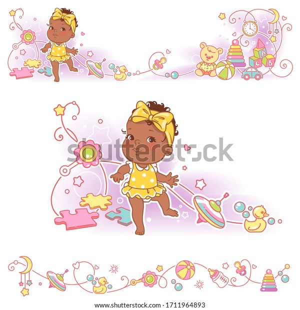 Baby, toys, ornamental border design.\
Little baby girl of 11 months learn to walk. African american dark\
skin child. Vector frames, upper and bottom border.  Decorative\
elements,. Vector\
illustration.