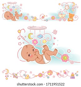 Baby, Spielzeug, Zierrahmen-Design.Dunkles Hautbaby von zwei Monaten lag auf dem Rücken. Rahmen der Vektorillustration, obere und untere Grenze.  Dekorative Elemente, Flasche Milch, Pazifer, Beförderung. Vektorillustration.