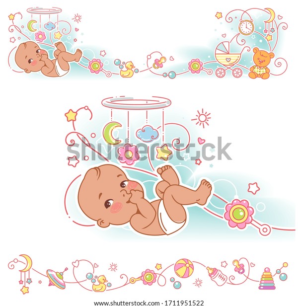 Baby, toys, ornamental border design.dark
skin baby of two months lay on back . Vector frame, upper and
bottom border.  Decorative elements, bottle of milk, pacifier,
carriage. Vector
illustration.