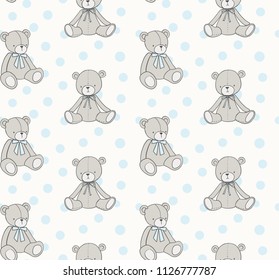 Baby toys pattern. Teddy bear and polka dots vector seamless background in hand drawn doodle style. Baby boy, kids design. 