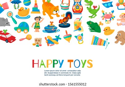 Baby toys to play vector illustration. Funny clockwork toys, ball, toy car, doll, rattles and other kids items. Different toy for children collection with inscription for posters or kids store.