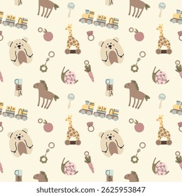 Baby toys seamless pattern. Beige newborn wooden ecological accessories, train. Rainbow and cubes for toddler games. Decor textile, wrapping paper, wallpaper. Print for fabric. Vector background