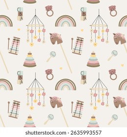 Baby toys seamless pattern. Beige newborn wooden ecological accessories, train. Rainbow and cubes for toddler games. Decor textile, wrapping paper, wallpaper. Print for fabric. Vector background