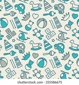 Baby toys seamless pattern. Blue, azure and cream colors. Thin line icons of baby toys. Also for printing on paper and fabric. 