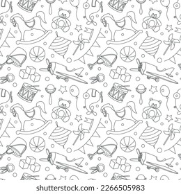 Baby Toys seamless Pattern on isolated background in monochrome black and white colors. Hand drawn outline backdrop with rocking horse and teddy bear for Newborn shower party or childish textile.