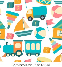 Baby toys seamless pattern. Set of different kid toys background. Playful child print for textiles, digital paper, packaging and design of children things, vector illustration