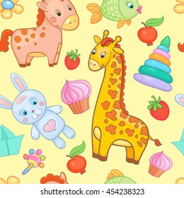 Baby toys seamless pattern vector animal yellow cartoon background wallpaper for kid.