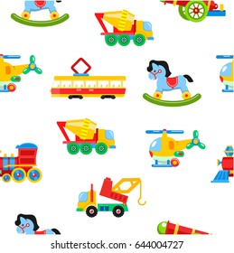 Baby toys seamless pattern. Vector illustration. A set of children's toy cars and vehicles.