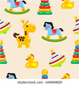 Baby toys seamless pattern. Vector illustration. A set of children's toys.