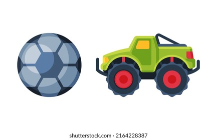 Baby toys set. Off road car and ball cartoon vector illustration