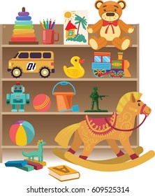 Baby toys set on white isolated background, kindergarten. Vector illustration