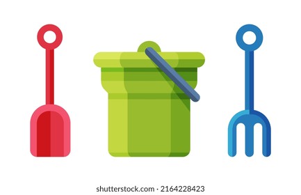 Baby toys set. Plastic bucket, scoop and rake cartoon vector illustration