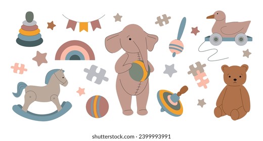 Baby toys set in Scandinavian style Elephant teddy bear ball rattle spinning top horse duck Retro toys Elements for cards invitations nursery decorati