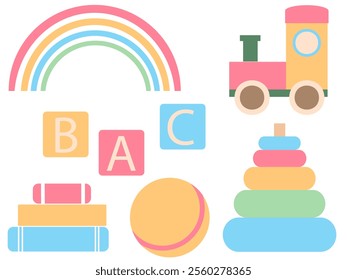 Baby toys set, baby shower, pastel colors, vector flat style