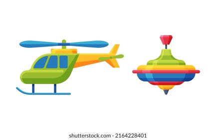 Baby toys set. Whirligig humming toy and helicopter cartoon vector illustration