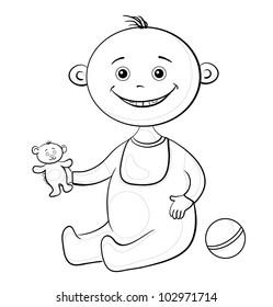Baby with a toys: teddy bear and a ball, black contour on white background. Vector illustration