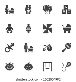 Baby toys vector icons set, modern solid symbol collection, filled style pictogram pack. Signs, logo illustration. Set includes icons as pacifier, rattle, bicycle, swing, wood cubes, maternity, pram