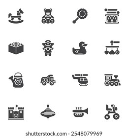 Baby toys vector icons set, modern solid symbol collection, filled style pictogram pack. Signs, logo illustration. Set includes icons as soft bear, doll toy, rocking horse, bicycle, rubber duckling