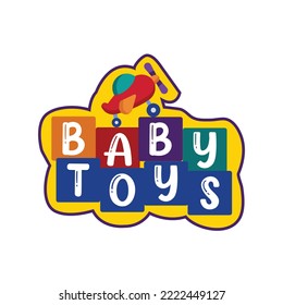 Baby Toys vector logo design template. Colorful funny font with bright colors. Vector playful logo for baby toys with decorative toy aeroplane.