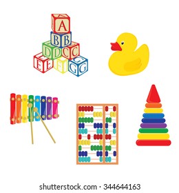 Baby toys xylophone, yellow rubber duck, alphabet building blocks, pyramid and abacus vector set