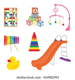 Baby toys xylophone, yellow rubber duck, alphabet building blocks, pyramid and abacus icon vector set. Playground kids slide. Pram rattle