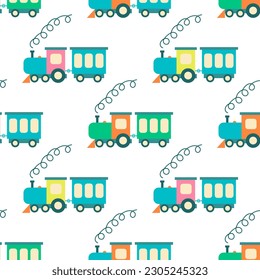 Baby trains seamless pattern. Steam locomotive with smoke background. Kiddle print for textile, paper, packaging, kids room design, vector illustration