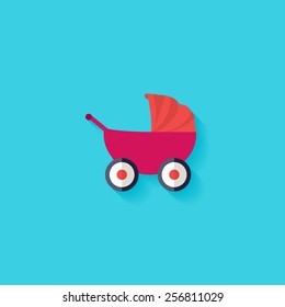 Baby transport flat icon. Modern flat icons vector collection with long shadow effect in stylish colors of web design objects. Trendy Flat Style. Isolated on blue background. Flat design. EPS 10.